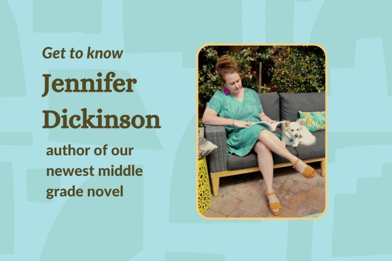 Meet the author, Jennifer Dickinson banner with women sitting on sofa outside, reading.